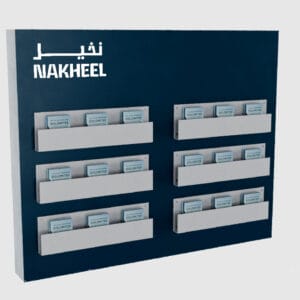 Brochure Wall with print, shelves and logo cutout | 80cm x 180cm